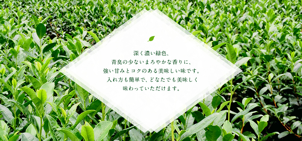 深く濃い緑色、青臭の少ないまろやかな香りに、強い甘みとコクのある美味しい味です。入れ方も簡単で、どなたでも美味しく味わっていただけます。